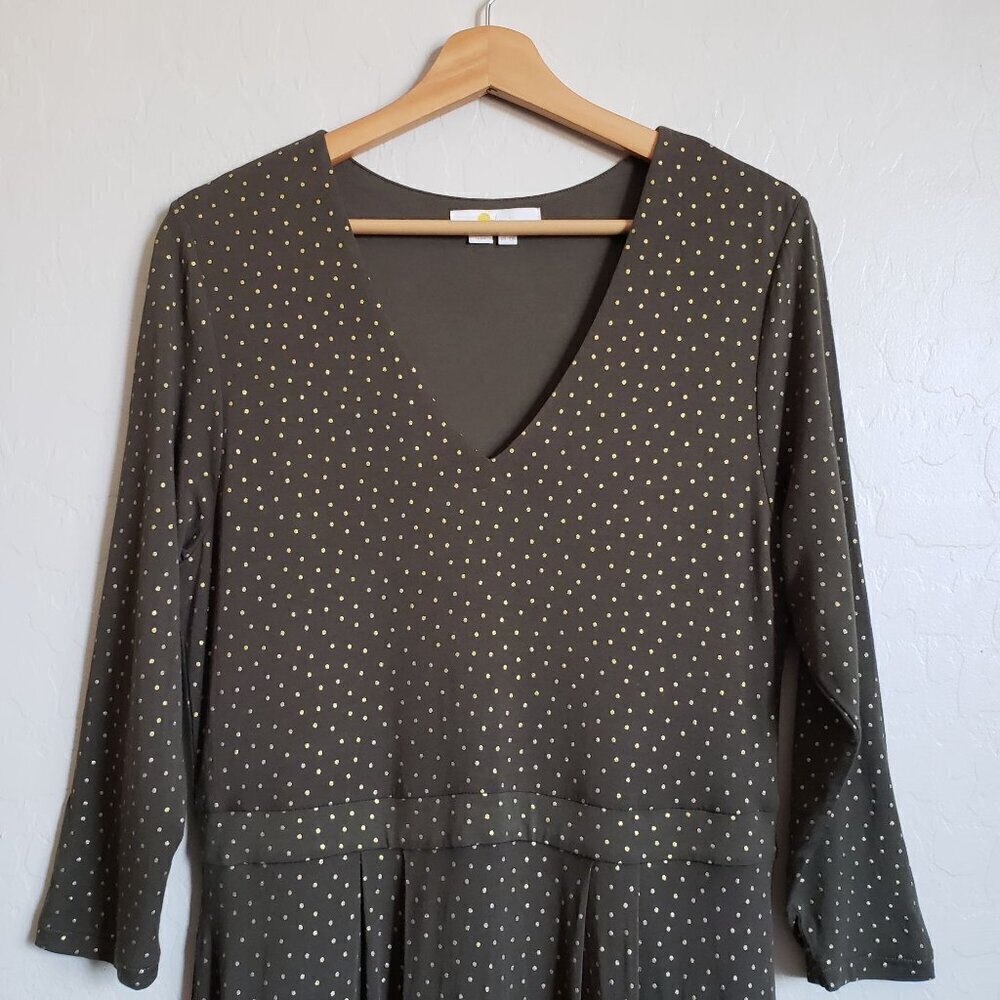 Boden Coraline Jersey V-Neck Midi Dress Metallic Gold Polka Dot Olive Womens 10R - Picture 3 of 12
